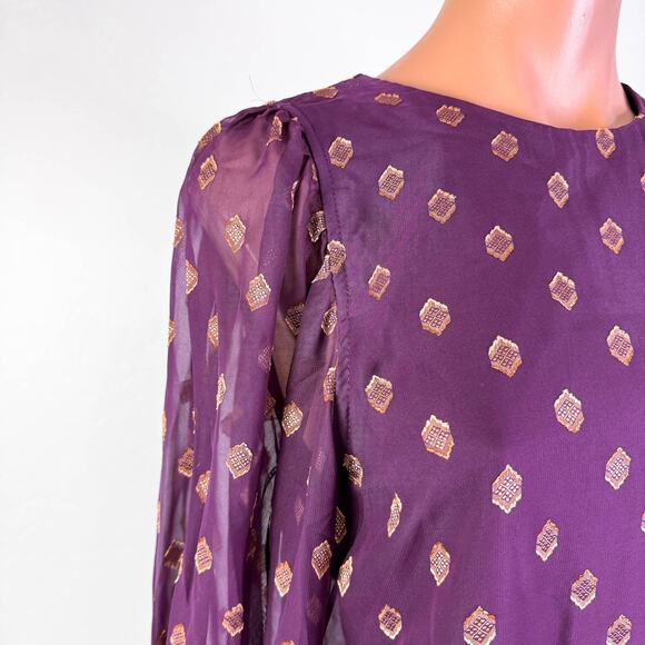 Calvin Klein Printed Tie Cuff Long Sleeve Shift Mini Dress Gold Burgundy 2 NWT - Picture 3 of 13